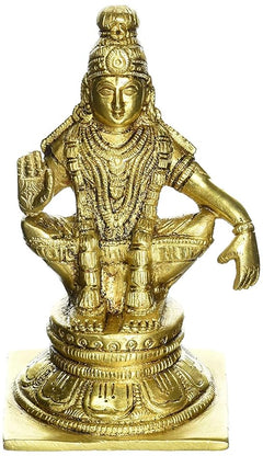 Gold brass seated Lord Ayyappan statue with detailed jewelry and sculpted base