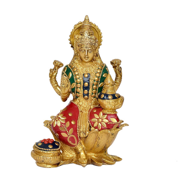 Brass Lakshmi Statue - Handcrafted Goddess Lakshmi Idol for Home Decor and Pooja - Hindu Goddess of Wealth Figurine Multicolor (Height: 7 Inch) (Multicolor )