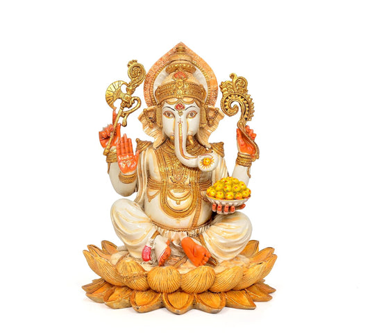 Resin Lord Ganesha Sitting on Lotus Idol – Multicolor Ganesh Murti for Home Decor, Mandir Pooja & Office (Height :10 Inches)