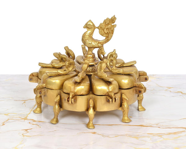 Brass Kumkum Box With 9 compartment Peacock on Top (Height: 5 inch) Study Setting