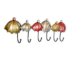 Set of 6 umbrella key hooks with curved metal canopies in gold, red, and silver