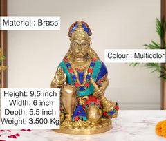 Brass Hanuman JI statue, front view, seated with teal and blue jeweled outfit