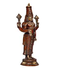 Back view brass Lord Tirupati Balaji idol with raised arms, detailed clothing patterns