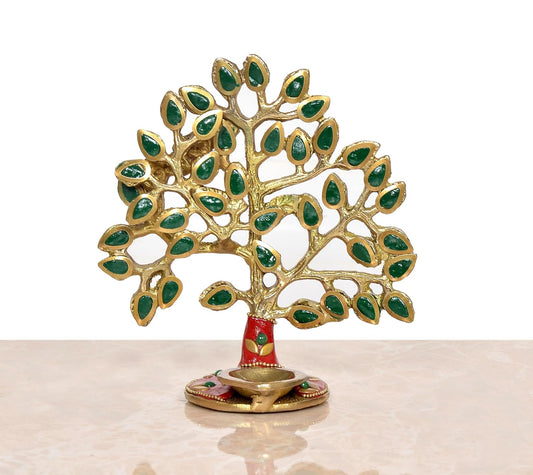 Brass Kalpavriksha Tree Table Standing with Stonework for Home Decor and Ofice Teble Decor Figurine (Height: 6 inch) (Multicolor Tree 2)