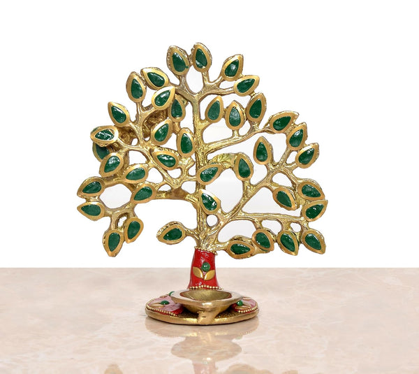 Brass Kalpavriksha Tree Table Standing with Stonework for Home Decor and Ofice Teble Decor Figurine (Height: 6 inch) (Multicolor Tree 2)