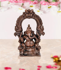 Copper Ganesha idol statue with ornate arch, 4 inch religious decor