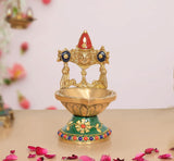 Brass Tirupati Balaji diya (6 inch) with red crown, green enamel base and rim.