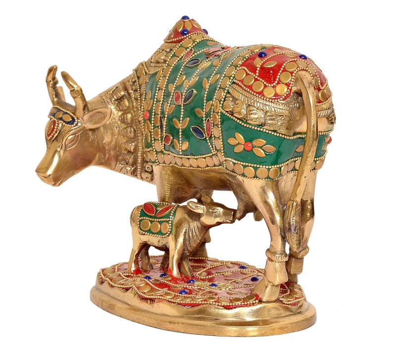 Brass Kamdhenu Cow with Calf for Home Decor Pooja Mandir Pooja Temple Office Decorative Showpiece Statue (Height: 6.5 Inch)