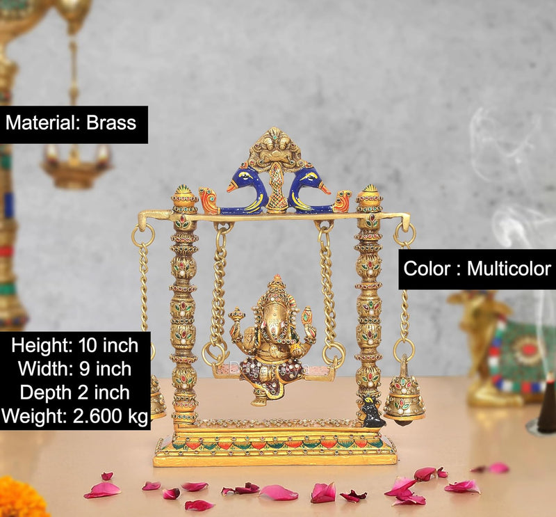 Brass Ganesha On Swing with Two Parrot Holding Chain Idol (Height 10 Inch)
