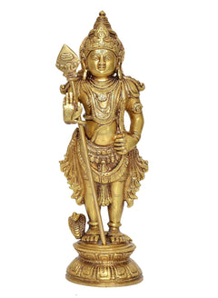 Brass Kartikeya Murugan statue holding spear and small shield emblem, full body view