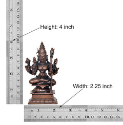Height 4 inch copper-tone deity sculpture with four arms, seated on engraved base