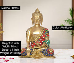 AONA brass Buddha statue, multicolor jeweled robe, seated figure, 8-inch height