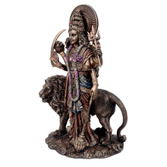 Resin Durga idol on lion, side view, purple garland and golden weapon accents