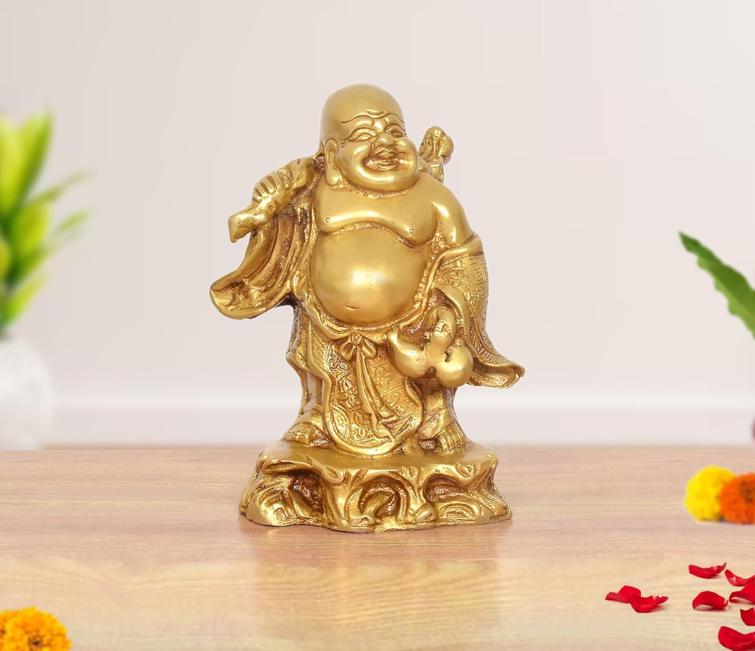 AONA Brass Laughing Buddha Standing Statue Happy Man for Good Luck