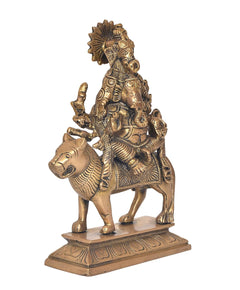 Brass Ganesha idol on horse, three-quarter view, raised hands and jewelry