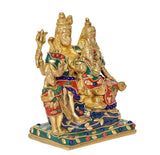 Brass Shiv Parivar idol from back angle, Shiva with family figures in ornate dress