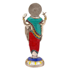 Rear view brass Dhanvantari statue, teal upper robe and red lower, round halo, blue base
