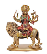 AONA 10-inch Resin Sherawali Mata murti on lion, front view, green and red attire