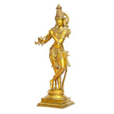 Brass Krishna Murli Manohar statue, flute in hand, front view with crown