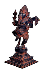 Dancing Ganesha brass statue, side view with ornate details, dark blue and red tone, 12 in