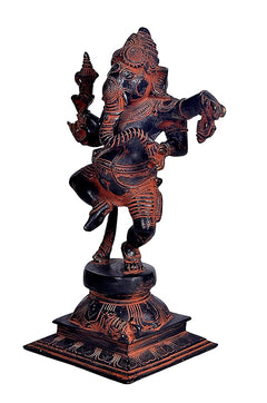 Dancing Ganesha brass statue, side view with ornate details, dark blue and red tone, 12 in