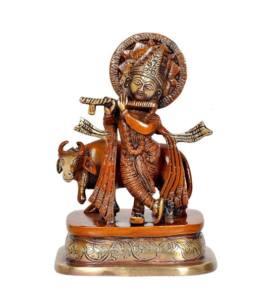 Brass Lord Krishna with Cow Idol Figurine Sculpture Playing Flute Statue Decorative Showpiece, (Height 6.5 Inch)