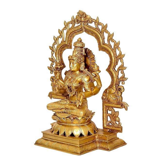 Maa Lakshmi Sitting On Lotus Asan Brass Statue Idol Hindu Laxmi Statue Home Office Decor & Puja (Height: 15.5 Inches)