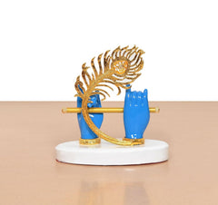 Resin Blue Krishna Ji hands with flute from side view, gold peacock detail, white base