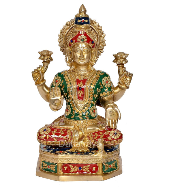 Brass Lakshmi Statue - Goddess Laxmi Idol for Home Decor and Pooja - Hindu Goddess of Wealth Figurine (Height 13 Inch)