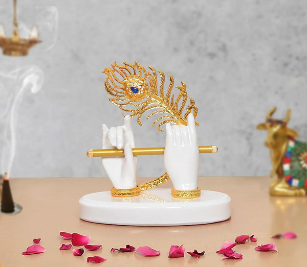 Resin White Krishna Ji Hands with Flute Home Decor (Height: 4 Inch)