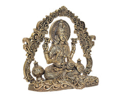 Lakshmi idol with arched frame and two kalash pots, seated with detailed ornamentation