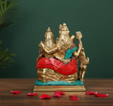 Brass Shiv Parivar idol, rear/side view, teal base and red armor accents, 6-inch