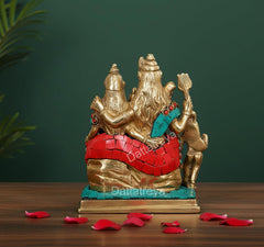 Brass Shiv Parivar idol, rear/side view, teal base and red armor accents, 6-inch