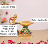AONA brass peacock diya, 4-inch tall, multicolor enamel hanging bell