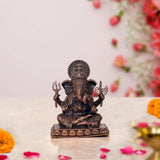 Copper Lord Ganpati murti, 3 inch, seated with detailed four arms and crown