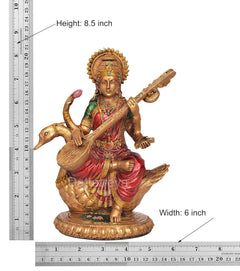 AONA Saraswati idol resin statue on swan; veena, red and green saree; size 8.5 in