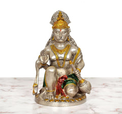 Brass Hanuman JI seated blessing statue, silver finish with red and green cloth