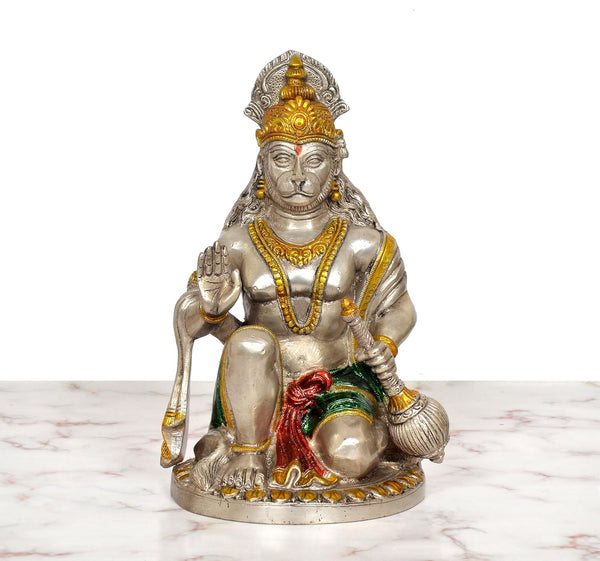 Brass Hanuman JI Sitting in Blessing Sculpture (Height 9.5 Inch)(Multicolor 1) Study Setting