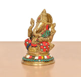 Brass Ganpati Bappa murti (6 inch) side view, multicolor jeweled belt and ornaments