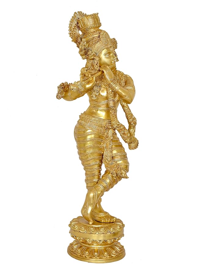 Brass Lord Krishna Idol Figurine Sculpture Playing Flute Statue Decorative Showpiece, (Height 44 Inch)