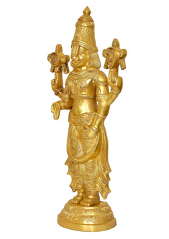 Brass Balaji statue side view, raised arms with emblems, intricate carved robe, base