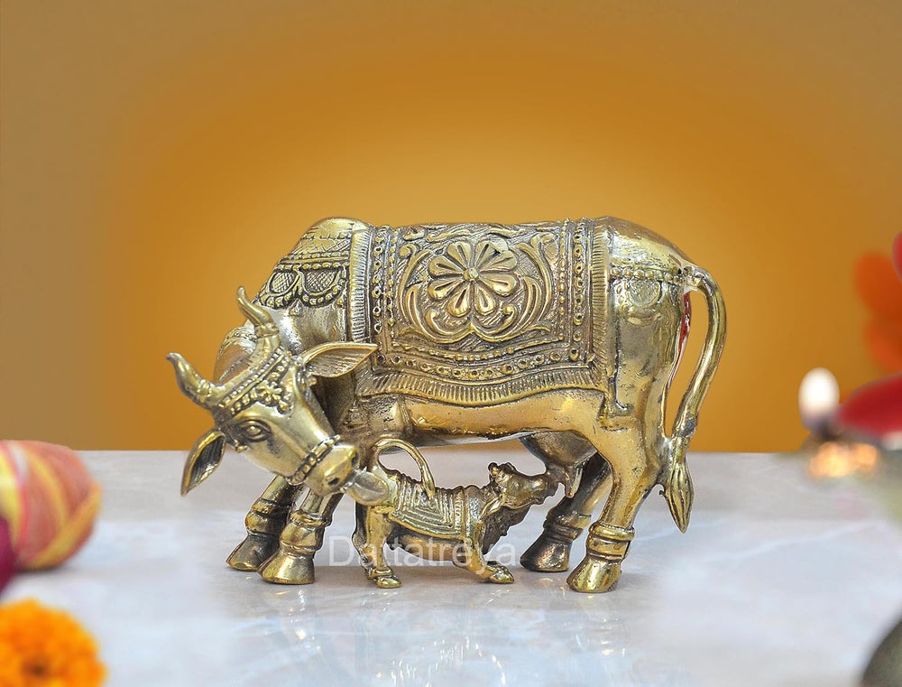 Superfine Brass Kamdhenu Cow with Calf Statue for Pooja Mandir Home Templ Decor Decorative Showpiece (Height 3 Inch)