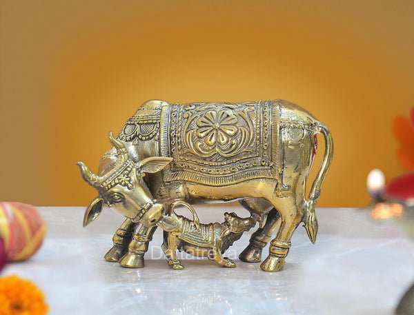 Superfine Brass Kamdhenu Cow with Calf Statue for Pooja Mandir Home Templ Decor Decorative Showpiece (Height 3 Inch)