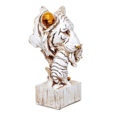 Side view resin lion head and cub showpiece, white with brown markings, square base