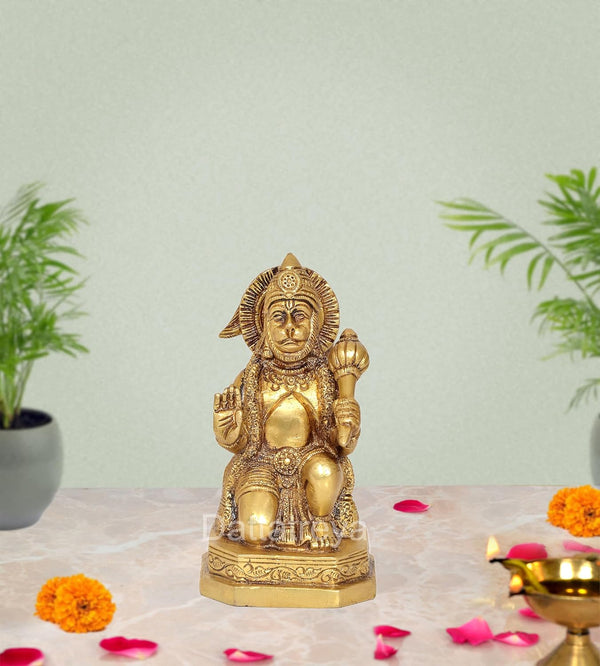 Brass Hanuman JI Sitting Statue Idol Sculpture Statue Home Decor Pooja Mandir (Height: 5.5 Inch)