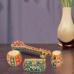 Sitar-style brass decor instrument, painted pattern with gold tuning head