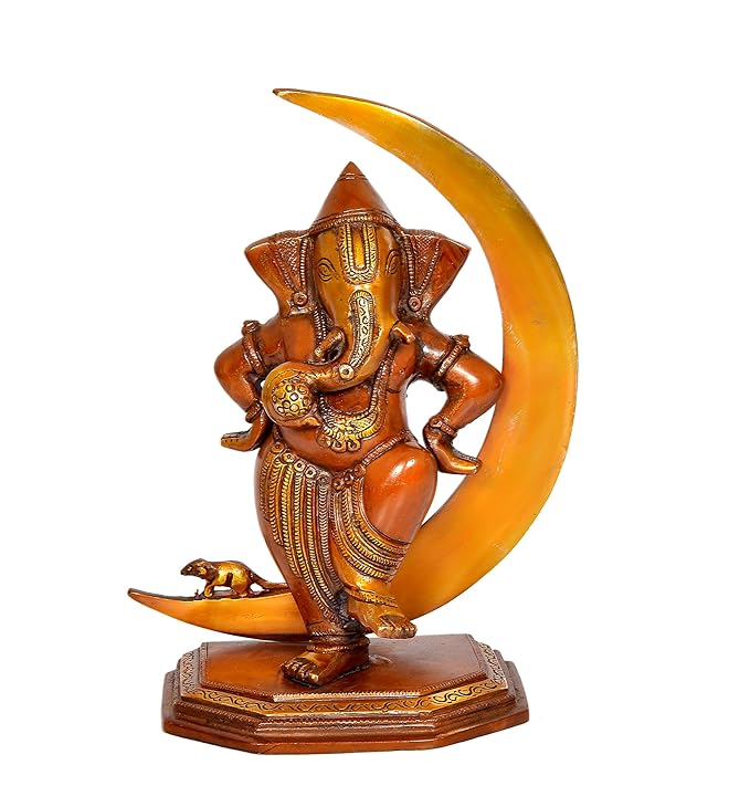 Brass Lord Ganesha Idol Statue Ganesh on Moon Decorative Sculpture for Home Office Temple Showpiece (Height 10 Inch) Craft Detail