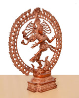 Natraj Lord Shiva brass dancing idol in orange, close angle of circular halo frame