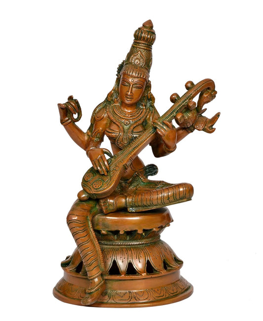 Brass Maa Saraswati Statue - Handcrafted Hindu Goddess Saraswati Idol for Home Decor and Pooja (Height 12Inch)