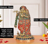 Brass Radha Krishna statue with colorful enamel detailing and small figurine at base